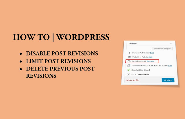 If you are familiar with WordPress CMS, you might have observed that WordPress autsaves every edit by default. Post revisions is a good feature in WordPress to review and track changes. However, for some it may not be necessary as it is not required or due to database size concerns. In this post, we shall see how to disable WordPress post revisions, set WordPress post revision to a certain number, deleted previous WordPress post revisions. So, I have a WordPress website too and I saw that the revision of a particular post is 229 already! I am not sure if there is a limit in WordPress up to how many latest revisions are saved. I guess there is none by default. It would be awesome if there is a setting for admins to set the revisions in WordPress. wordpress-post-revisions-1 Anyway, I decided I do not need that many post revisions in my database. I also do not want to disable post revisions completely. You may want to completely disable revisions as per your need. Follow the steps below as per you need. 1) Disable WordPress post revisions As discussed WordPress keeps post revisions by default. There is no UI to disable it. However, it can be defined in wp-config.php file. Add the following line of code at the bottom of the wp-config.php file just above (require_once( ABSPATH . 'wp-settings.php' );) to disable WordPRess post revisions. define('AUTOSAVE_INTERVAL', 300 ); // seconds define('WP_POST_REVISIONS', false ); Place the code above the line: require_once( ABSPATH . 'wp-settings.php' ); This code will disable all future revisions to be saved and it will also increase the autosave interval from 60 seconds to 300 seconds. The post will be auto-saving every 5 minute instead of every minute. 2) Set WordPress post revision to a certain number In my case, I did not disable the post revisions. I wanted to reduce the number of post revisions to keep. To limit the number of WordPress post revisions, add the following line of code at the bottom of the wp-config.php file. /** No. of revisions to keep */ define( 'WP_POST_REVISIONS', 2 ); Place the code above the line: require_once( ABSPATH . 'wp-settings.php' ); This will keep only two post revisions in the database. 3) Delete previous WordPress post revisions As discussed above, we can disable and limit the post revisions. However, doing the above changes does not remove the previous post revisions already saved in the database, which are occupying unnecessary space. To delete the previous post revisions from WordPress database, do the following: Login to your host Control Panel Launch phpMyAdmin See the post revisions in WordPress database: Launch phpMyAdmin > Click on SQL tab and run the query: SELECT ID,post_title,post_type FROM `wp_posts` where post_type="revision"; Note: If table prefix (wp) has been changed, use appropriate table prefix in your case. This query will show you all the posts which are of type - post revisions. wordpress-post-revisions-phymyadmin Find out how many post revisions are there in the WordPress database: Launch phpMyAdmin > Click on SQL tab and run the query: SELECT count(*) FROM `wp_posts` where post_type="revision"; Note: If table prefix (wp) has been changed, use appropriate table prefix in your case. This query will display the number of post revisions in the database. Delete the post revisions from database: To delete the post revisions, run the following query from phpMyAdmin: DELETE FROM wp_posts WHERE post_type = "revision"; Note: If table prefix (wp) has been changed, use appropriate table prefix in your case. The steps in this post should disable Post revisions, set a limit to the number of post revisions to keep and delete all previously saved post revisions stored in the WordPress database. Post revisions may be a useful feature but if it is not necessary for you, you may following the steps above to disable or limit the post revisions as discussed.